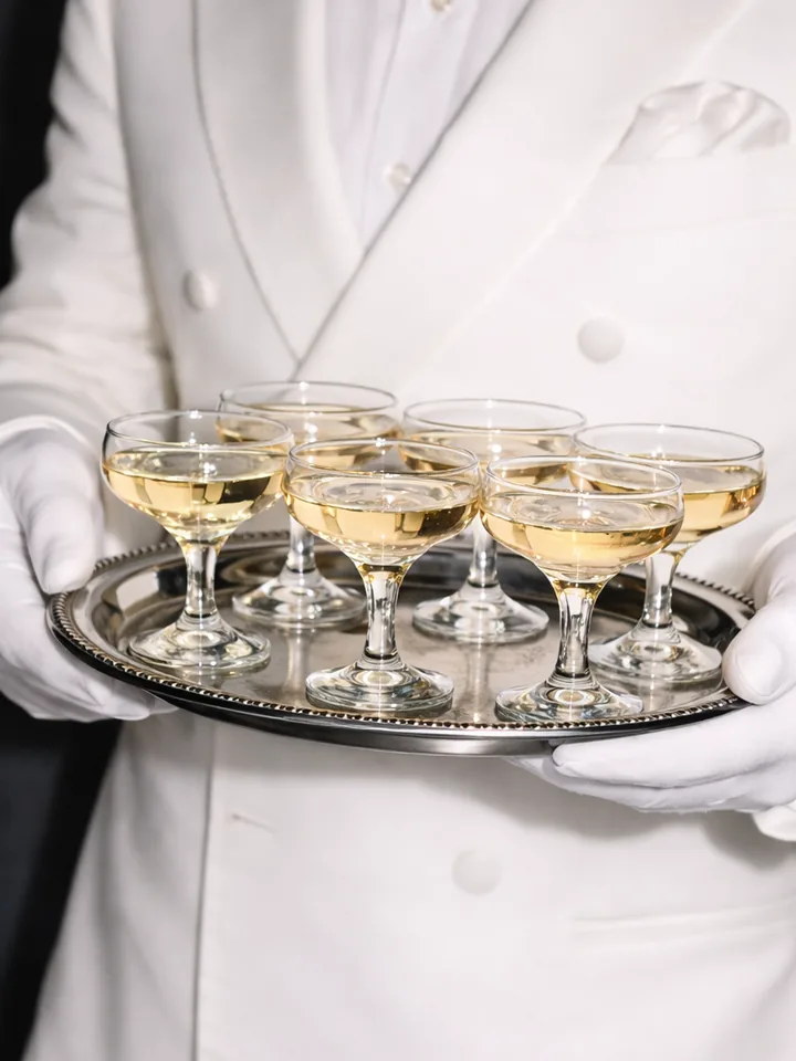 AI-generated: Waiter in a white tuxedo serving champagne on a silver tray